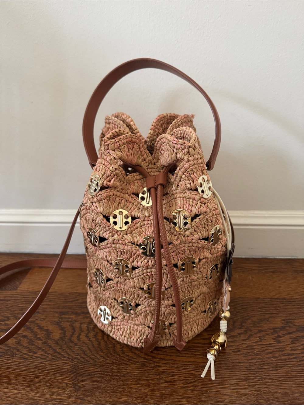Rabanne 1969 medium raffia bucket bag